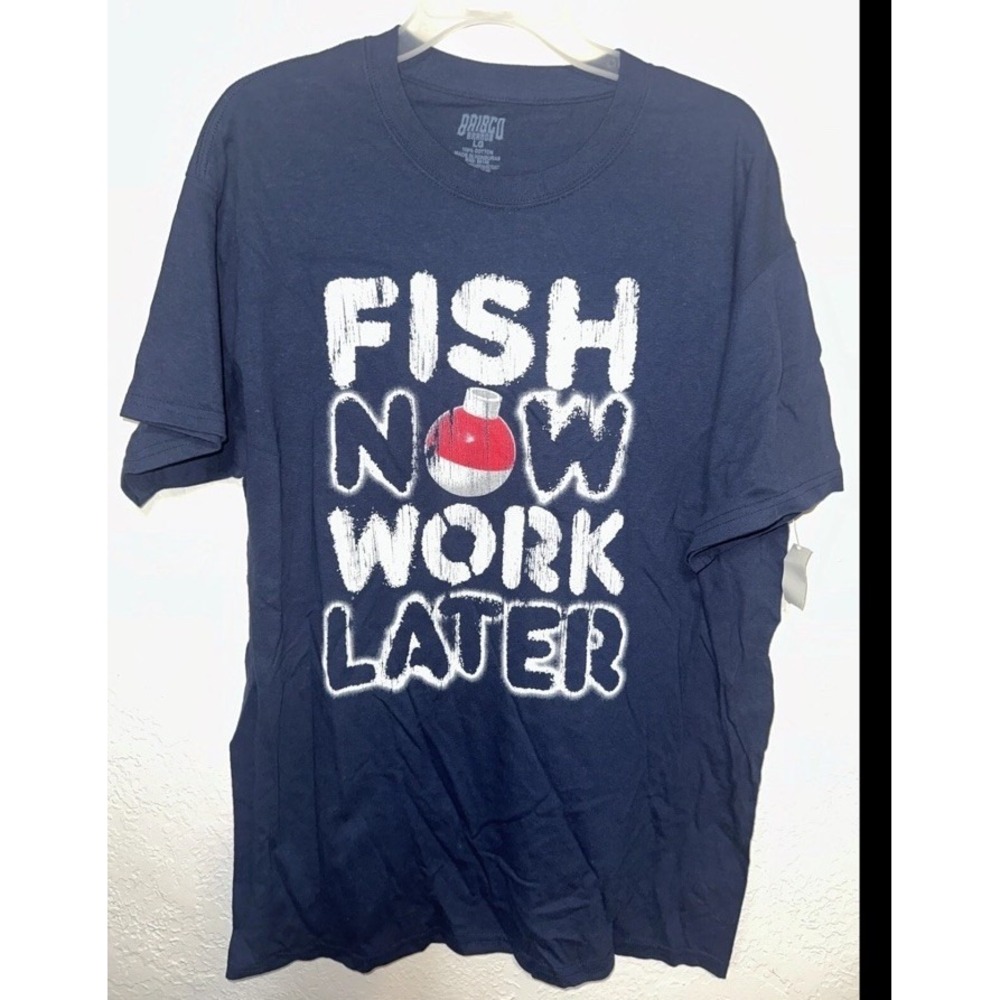 Brisco Brands Mens Fish Now Work Later Fishing T-Shirt Navy Large Bobber Tee New